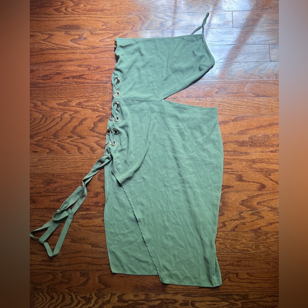 Boohoo Olive Green One-Shoulder Lace-Up Midi Dress